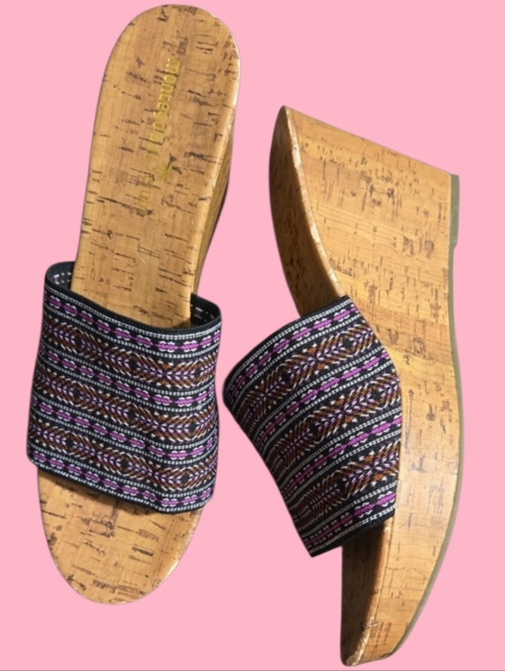 Montego Bay Club Black and Pink Woven Cork Wedge Slides